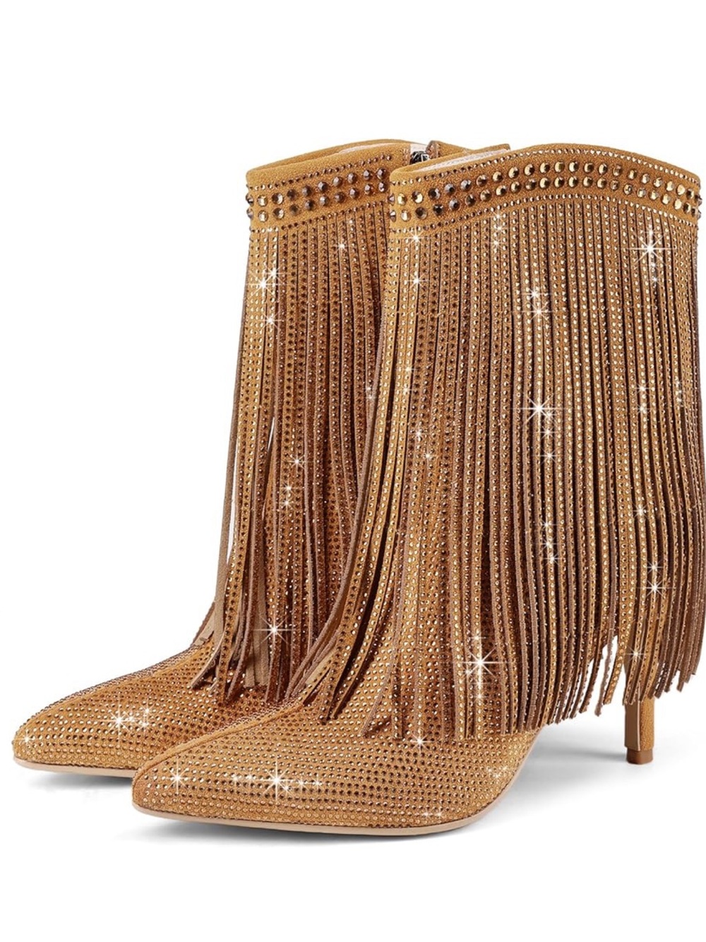 Fringed Rhinestone Ankle Boots in Tan